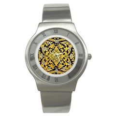 Flower Pattern In Traditional Thai Style Art Painting On Window Of The Temple Stainless Steel Watch by Amaryn4rt