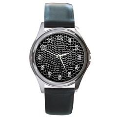 Black White Crocodile Background Round Metal Watch