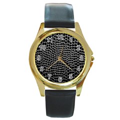 Black White Crocodile Background Round Gold Metal Watch