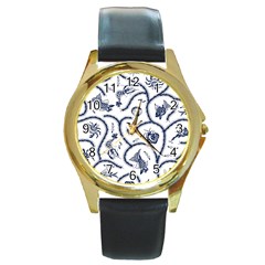 Fish Pattern Round Gold Metal Watch