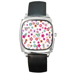 Colorful Floral Flowers Pattern Square Metal Watch by Simbadda