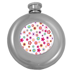 Colorful Floral Flowers Pattern Round Hip Flask (5 Oz)