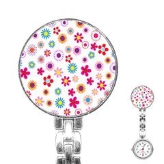 Colorful Floral Flowers Pattern Stainless Steel Nurses Watch