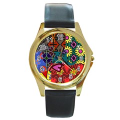 Patchwork Collage Round Gold Metal Watch by Simbadda