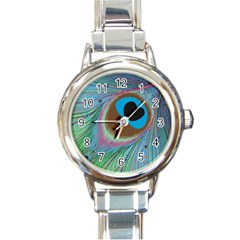 Peacock Feather Lines Background Round Italian Charm Watch by Simbadda