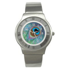 Peacock Feather Lines Background Stainless Steel Watch by Simbadda