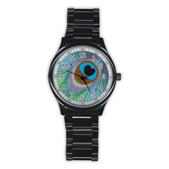 Peacock Feather Lines Background Stainless Steel Round Watch