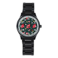 Vintage Floral Wallpaper Background Stainless Steel Round Watch by Simbadda