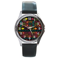 Traditional Art Ethnic Pattern Round Metal Watch by Simbadda