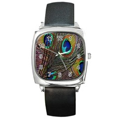 Peacock Feathers Square Metal Watch