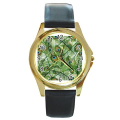 Peacock Feathers Pattern Round Gold Metal Watch by Simbadda