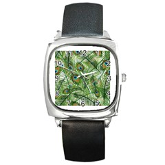 Peacock Feathers Pattern Square Metal Watch by Simbadda