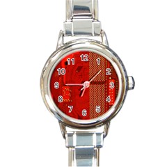 Computer Texture Red Motherboard Circuit Round Italian Charm Watch by Simbadda