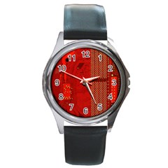 Computer Texture Red Motherboard Circuit Round Metal Watch by Simbadda