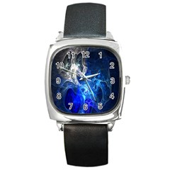 Ghost Fractal Texture Skull Ghostly White Blue Light Abstract Square Metal Watch by Simbadda