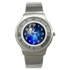 Ghost Fractal Texture Skull Ghostly White Blue Light Abstract Stainless Steel Watch by Simbadda