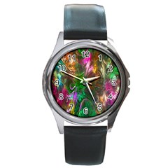 Fractal Texture Abstract Messy Light Color Swirl Bright Round Metal Watch by Simbadda