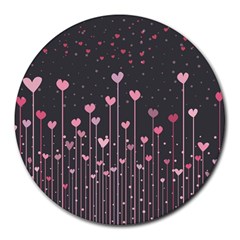 Pink Hearts On Black Background Round Mousepads