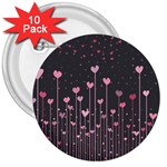 Pink Hearts On Black Background 3  Buttons (10 pack)  Front