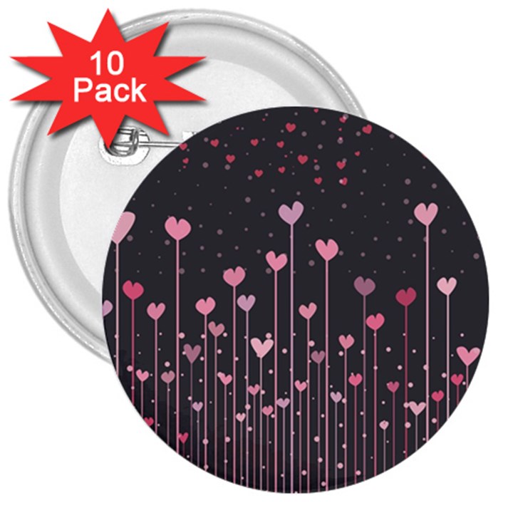 Pink Hearts On Black Background 3  Buttons (10 pack) 