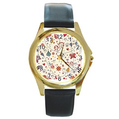 Spring Floral Pattern With Butterflies Round Gold Metal Watch