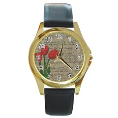 Vintage Tulips Round Gold Metal Watch