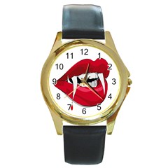 Mouth Jaw Teeth Vampire Blood Round Gold Metal Watch