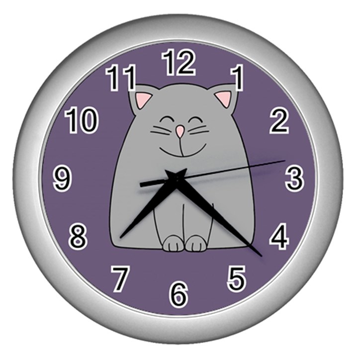 Cat Minimalism Art Vector Wall Clocks (Silver) 