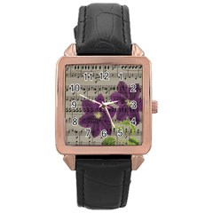 Vintage Purple Flowers Rose Gold Leather Watch 