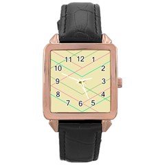 Abstract Yellow Geometric Line Pattern Rose Gold Leather Watch 