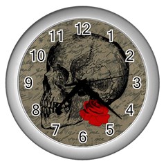 Skull And Rose  Wall Clocks (silver)  by Valentinaart