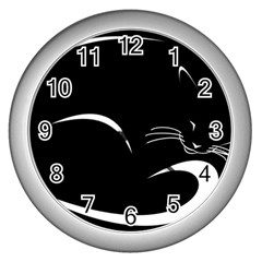 Cat Black Vector Minimalism Wall Clocks (silver)  by Simbadda