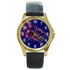 Stars Abstract Shine Spots Lines Round Gold Metal Watch by Simbadda