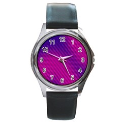 Retro Halftone Pink On Blue Round Metal Watch