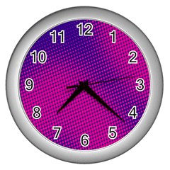 Retro Halftone Pink On Blue Wall Clocks (silver) 