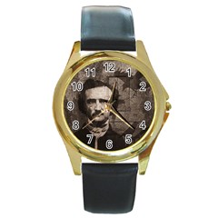 Edgar Allan Poe  Round Gold Metal Watch by Valentinaart