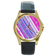 Line Obliquely Pink Round Gold Metal Watch