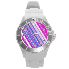 Line Obliquely Pink Round Plastic Sport Watch (l) by Simbadda