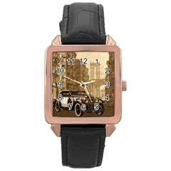 Vintage Old Car Rose Gold Leather Watch  by Valentinaart