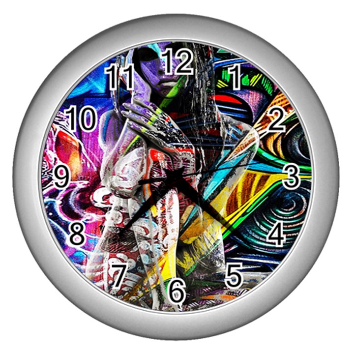 Graffiti girl Wall Clocks (Silver) 