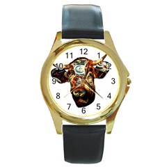 Artistic Cow Round Gold Metal Watch by Valentinaart