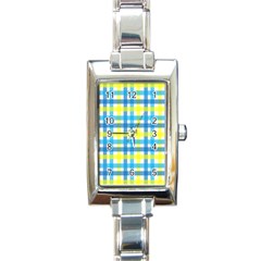 Gingham Plaid Yellow Aqua Blue Rectangle Italian Charm Watch by Simbadda