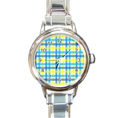 Gingham Plaid Yellow Aqua Blue Round Italian Charm Watch by Simbadda