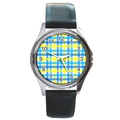 Gingham Plaid Yellow Aqua Blue Round Metal Watch by Simbadda