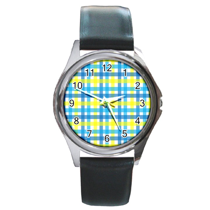 Gingham Plaid Yellow Aqua Blue Round Metal Watch