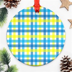 Gingham Plaid Yellow Aqua Blue Ornament (round) by Simbadda