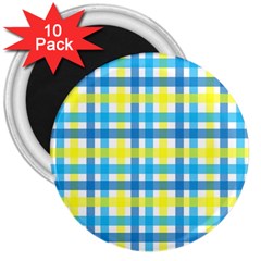 Gingham Plaid Yellow Aqua Blue 3  Magnets (10 Pack)  by Simbadda