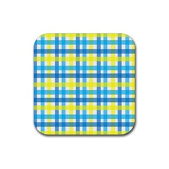 Gingham Plaid Yellow Aqua Blue Rubber Coaster (square)  by Simbadda