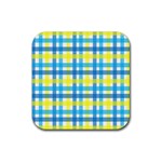 Gingham Plaid Yellow Aqua Blue Rubber Coaster (Square)  Front