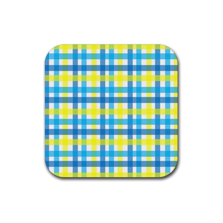 Gingham Plaid Yellow Aqua Blue Rubber Coaster (Square) 